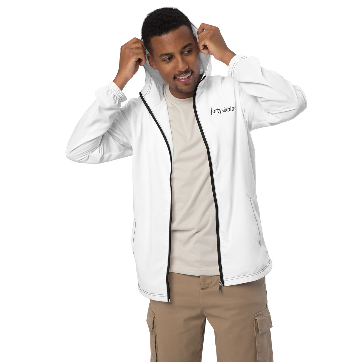 Man wearing white windbreaker jacket