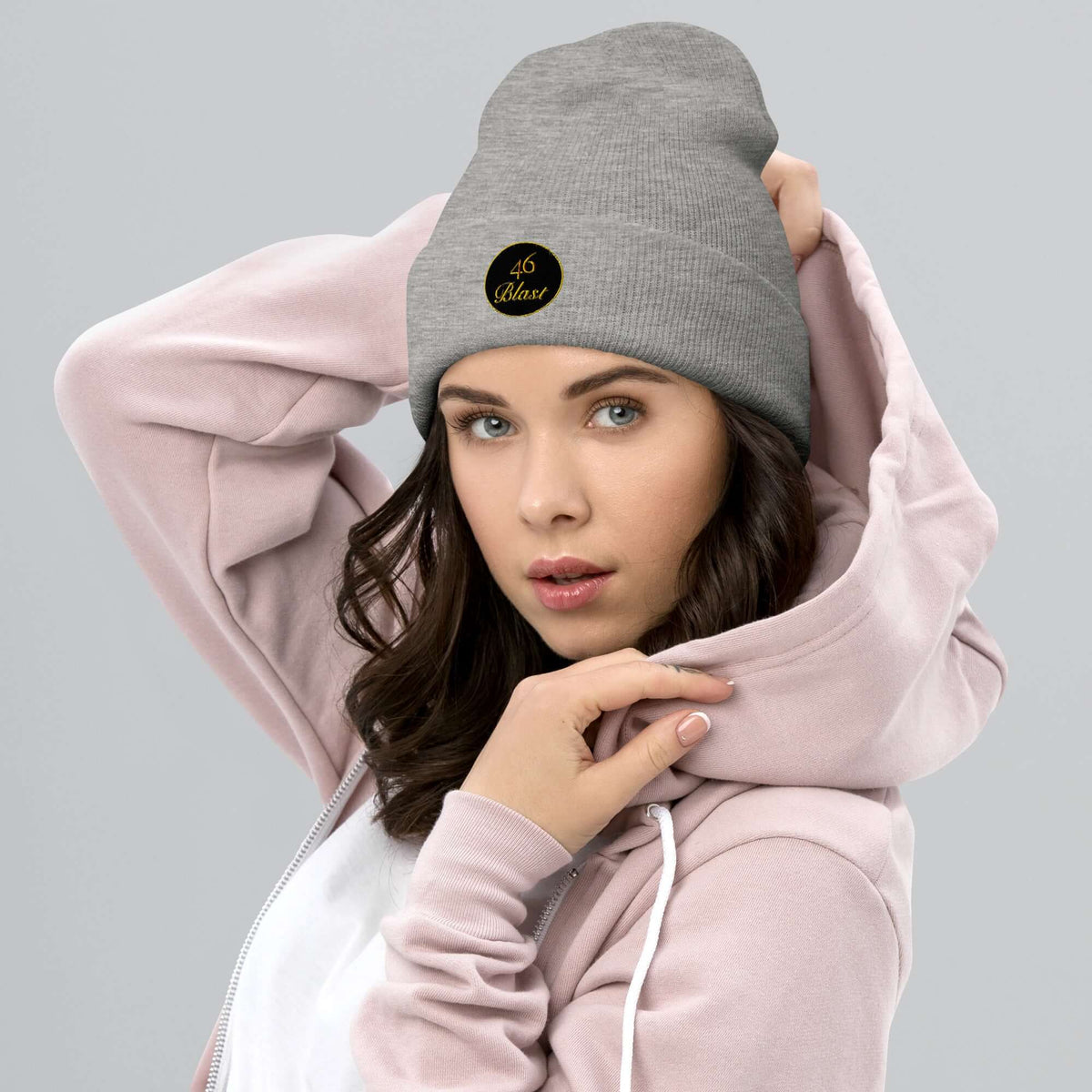 Woman wearing gray cuffed Beenie hat