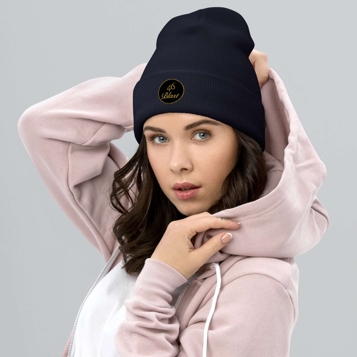 Woman wearing black cuffed Beenie hat