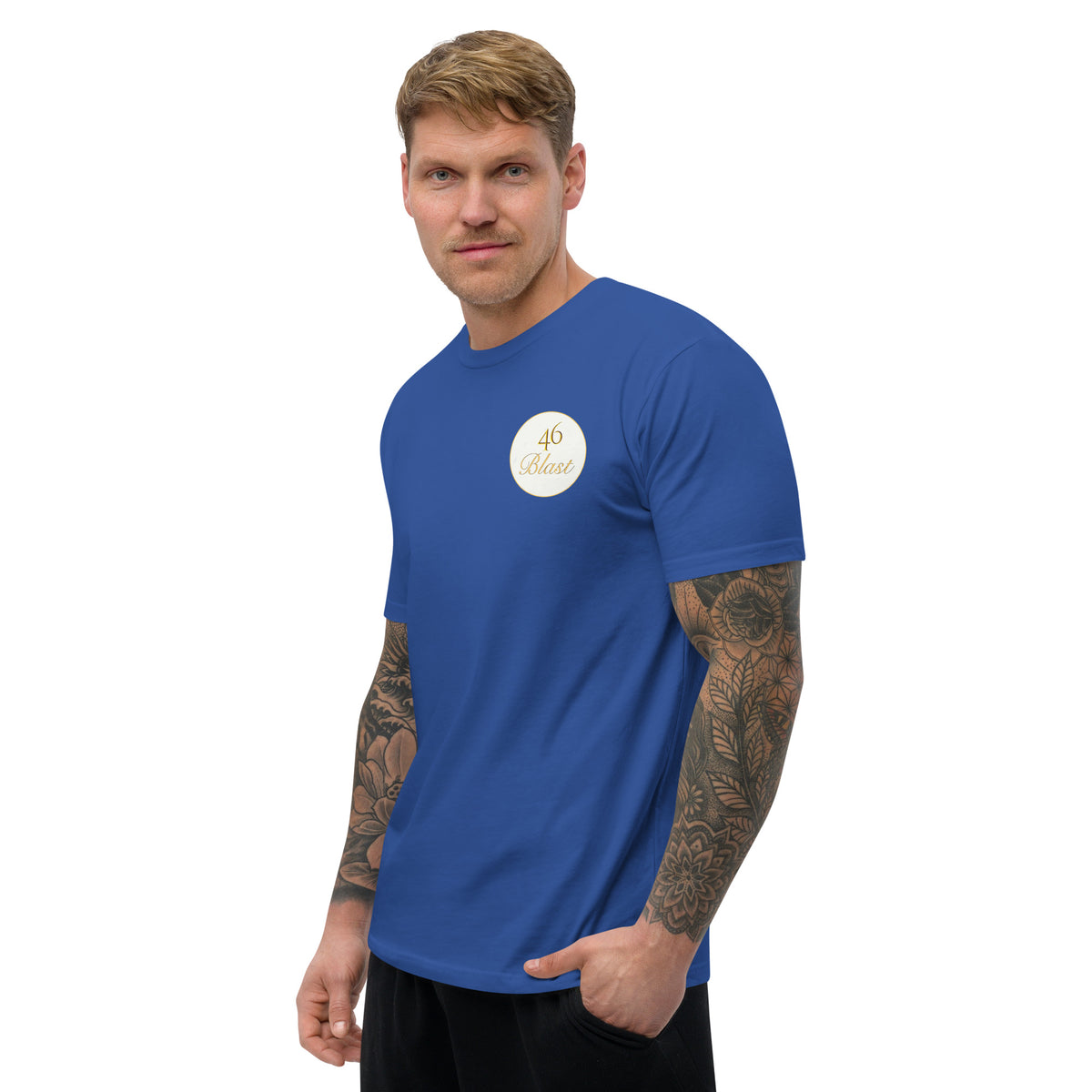 Man wearing a blue T-shirt with 46Blast logo