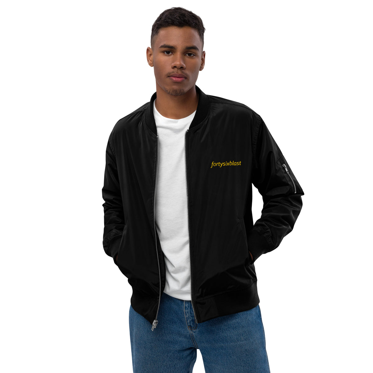 Man wearing black bomber jacket with 46Blast logo